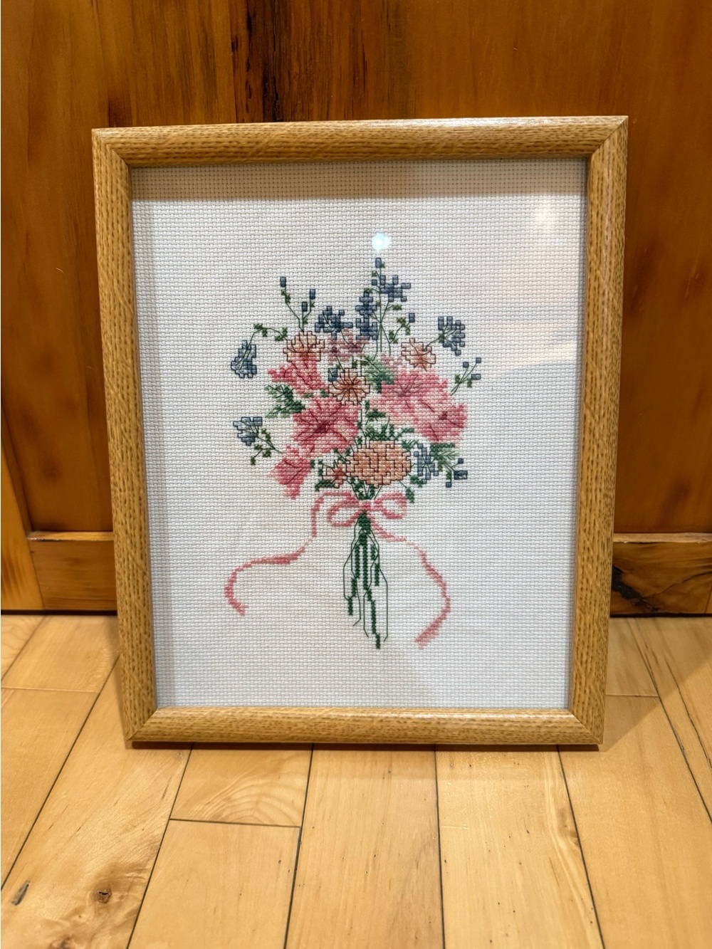 Framed Pink and Blue Floral Cross-Stitch Art
